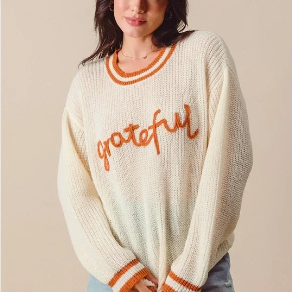 SO ME Thanksgiving Grateful Lettering Stitch Sweater - Picture 2 of 11